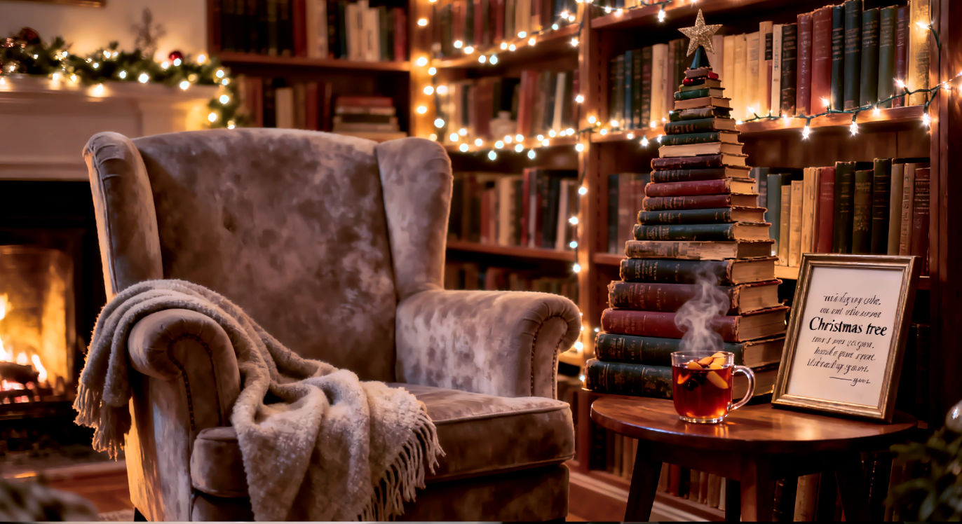 A professional, lifelike photograph capturing a cozy Christmas "book nook." The subject is a plush, comfortable armchair draped with a soft throw blanket, set beside a floor-to-ceiling bookshelf. The composition is a medium shot, angled to create a sense of invitation. The bookshelf is adorned with twinkling fairy lights and features a "mini Christmas tree" made from a stack of old hardcover books. On a small wooden side table, a steaming mug of mulled cider and a framed, elegantly printed literary quote are visible. The lighting is warm and soft, originating from the fairy lights and the glow of an unseen fireplace, casting a gentle golden hue over the scene. The mood is tranquil, cozy, and deeply literary, evoking a perfect, warm sanctuary for a holiday gathering.
