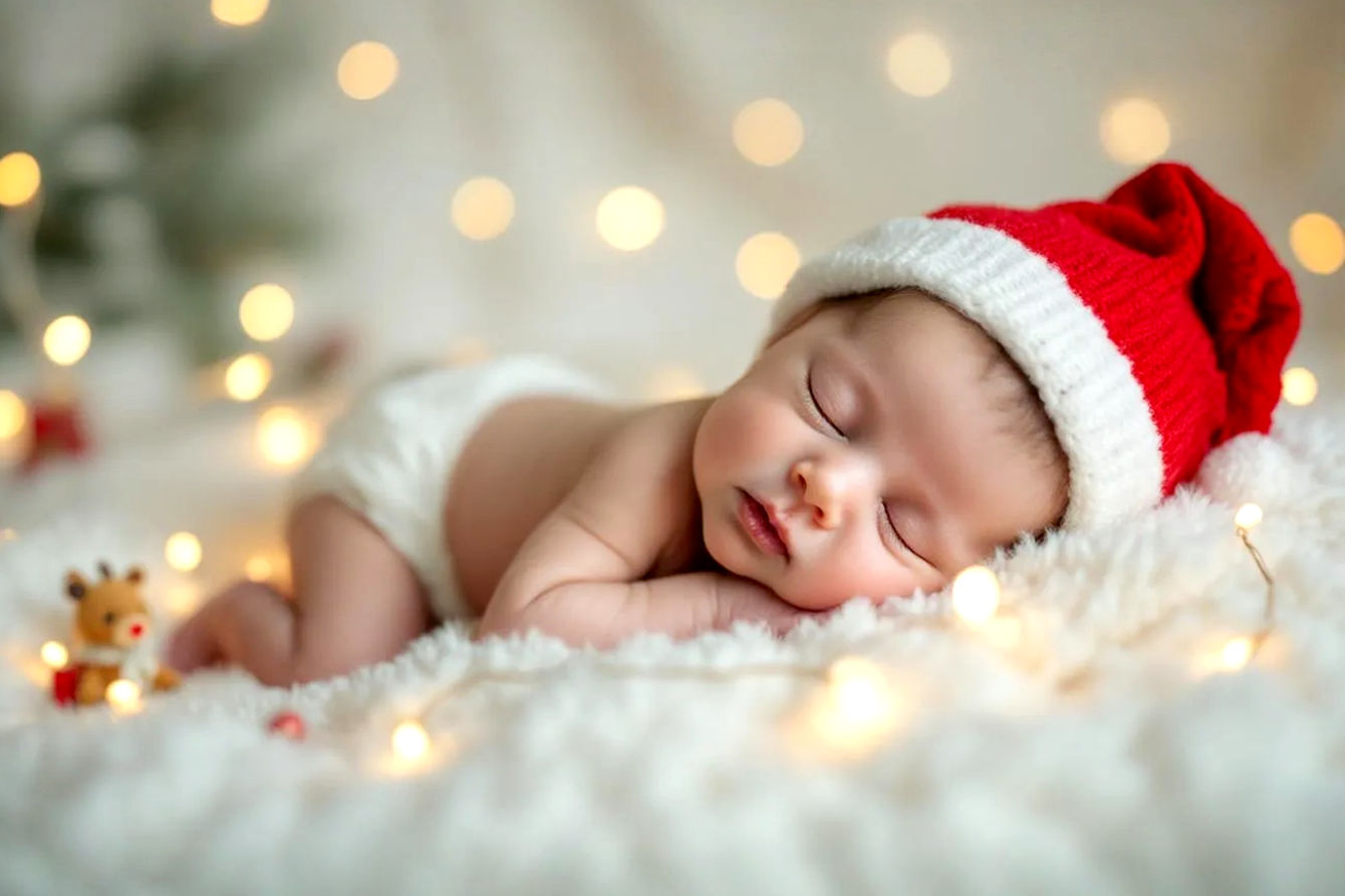 Lifelike professional photography of a peaceful newborn baby, no older than 3 months, lying on a soft, fluffy white blanket. The baby is wearing a clean white diaper and a simple, soft knit Santa hat. Around the baby, subtly out of focus, are glowing, warm-toned string lights (battery-operated, not directly touching the baby) and a few small, soft, holiday-themed props like a tiny reindeer plush toy or a miniature red gift box. The background is softly blurred with a hint of festive bokeh. The lighting is soft, natural, and diffused, creating a warm, cozy, and angelic atmosphere. The focus is sharp on the baby's face, capturing delicate features.