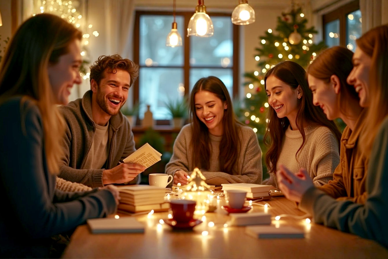 A festive and cozy indoor scene with soft, warm lighting and Christmas decorations. A group of people are gathered around a table filled with holiday treats and drinks. Some are holding books, others are laughing and interacting. There are subtle literary touches like stacked books with fairy lights, or a mug with a literary quote. The overall impression is one of relaxed joy and intellectual camaraderie during the holiday season. Lifelike professional photography style, shallow depth of field, warm color palette.