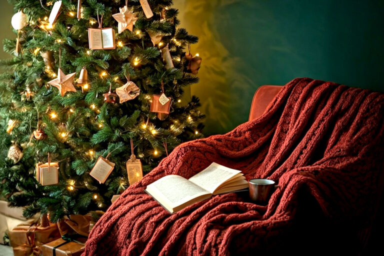 Lifelike professional photography of a cozy, warm, and inviting living room during Christmas. The central focus is a beautifully decorated Christmas tree adorned with book-themed ornaments. These ornaments should include tiny miniature books with visible titles, folded paper stars made from book pages, quill pens, small spectacles, and perhaps a golden snitch or a tiny deerstalker hat. The tree is lit with warm white fairy lights, casting a soft glow. In the foreground or slightly to the side, there's a comfortable armchair with a knitted blanket, an open book, and a steaming mug, suggesting a reading nook. The overall atmosphere is magical, intellectual, and festive, with rich, deep colors like forest green, burgundy, and antique gold. High detail, cinematic lighting, shallow depth of field, award-winning photography.