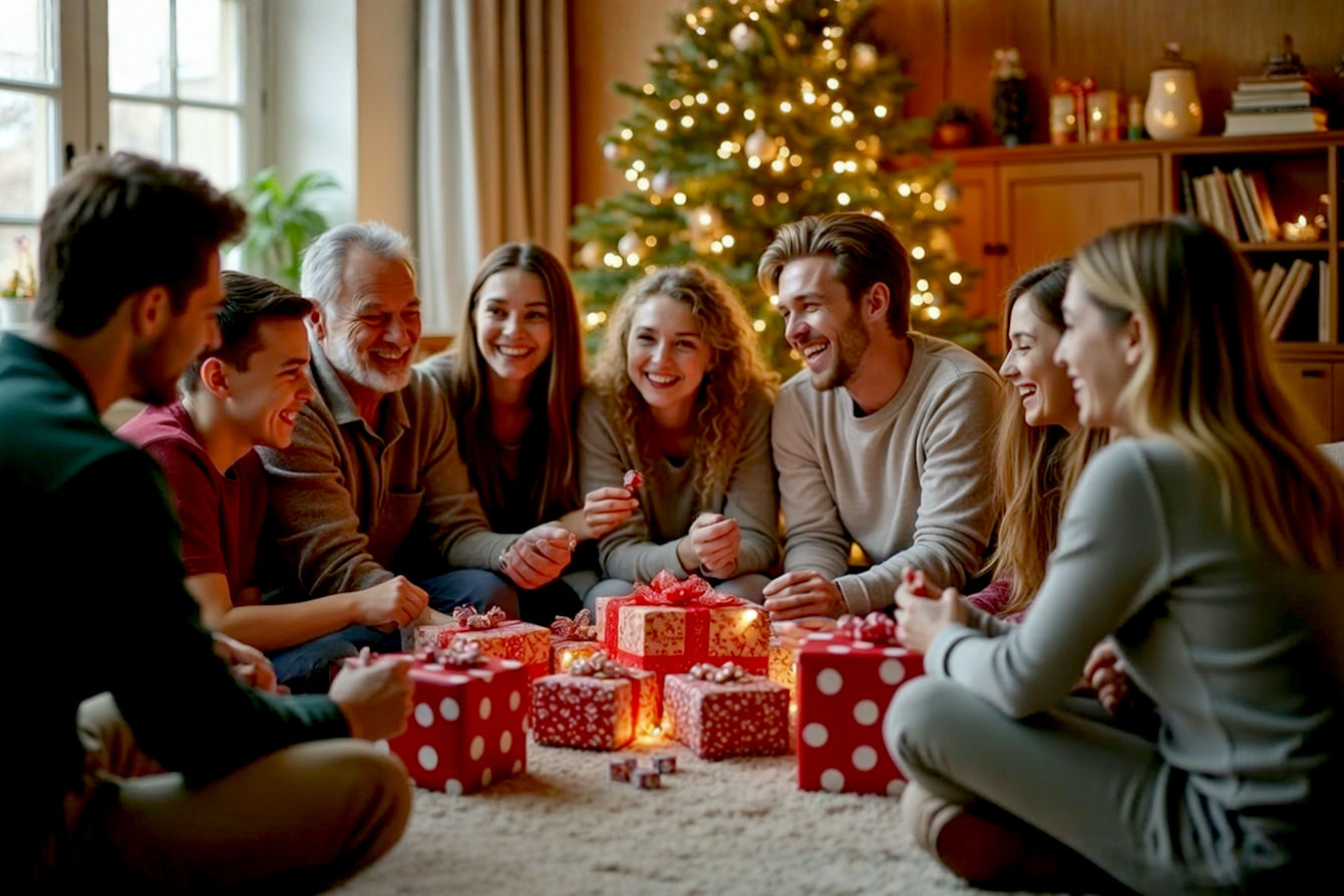 Pro photography style, lifelike, a family of all ages (children, teenagers, adults, seniors) sitting in a cozy living room decorated for Christmas. They are gathered in a circle around a 'Christmas tree' pile of beautifully wrapped gifts. One person is rolling two dice, and others are eagerly watching, some laughing. Soft, warm Christmas lights and festive decorations are visible in the background. Natural light, shallow depth of field, high resolution.