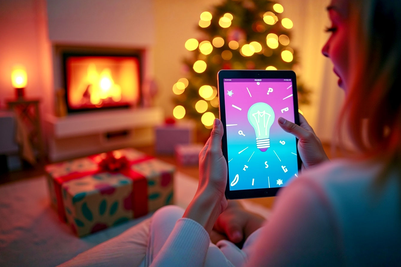 A vibrant, lifelike pro photography style image illustrating the core theme of Christmas trivia and holiday knowledge. The scene should feature a cozy, warmly lit living room during Christmas. In the foreground, hands are holding trivia cards or a tablet displaying a quiz, with soft-focus festive decorations like twinkling lights, a decorated Christmas tree, and wrapped presents in the background. The focus should be on the interactive element of learning and fun. The image should convey warmth, joy, and intellectual engagement with the holiday spirit, with a slight depth of field to make the trivia elements stand out. Soft, inviting light.