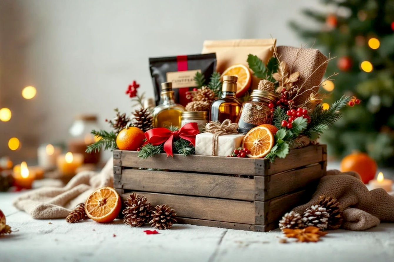 High-quality, lifelike, pro photography style image of a beautifully arranged, unique Christmas gift basket that demonstrates 'thinking outside the box.' The basket is not a traditional wicker, but perhaps a stylish wooden crate or a decorative metal bucket. It is filled with a curated assortment of items suggesting a specific, creative theme (e.g., gourmet coffee connoisseur, spa retreat, or outdoor adventure). The items are artfully arranged with visible layers, textures, and festive accents like rich red or deep green ribbons, natural pinecones, or dried orange slices. The lighting is warm and inviting, highlighting the textures and details, with a soft, blurred holiday background (e.g., subtle Christmas lights, cozy fireplace). The overall mood should be elegant, thoughtful, and inviting.