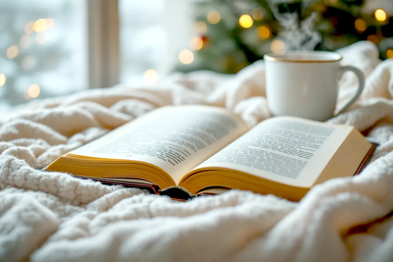 Professional photography, lifelike, high resolution, cozy and warm scene. An open, well-loved copy of Raymond Briggs' "Father Christmas" book resting on a soft, festive blanket, perhaps with a steaming mug of tea nearby. The background should be softly blurred, showing hints of Christmas decorations like twinkling lights or a decorated tree. Focus on the book's distinct art style and its comforting presence. The lighting should be soft and inviting, emphasizing warmth and nostalgia.
