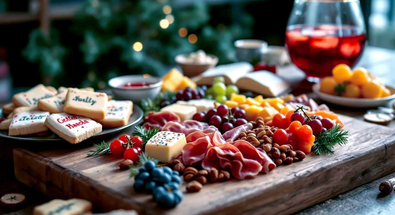 A professional food photography shot, taken from a 45-degree angle, showcasing a lavish and festive culinary spread. The subject is a rustic wooden table, with the clear focal point being a large charcuterie board abundant with artisanal cheeses, cured meats, glistening grapes, and nuts. Beside it, a platter holds intricately decorated "book-themed" sugar cookies, some shaped like open books and others with festive titles piped in icing. In the near background, a glass punch bowl filled with a deep red "Scarlet Letter Sangria" or mulled wine catches the light. The composition uses a shallow depth of field, keeping the charcuterie board in sharp focus while softly blurring the background elements. The lighting is bright but soft, illuminating the rich colors and textures of the food. The mood is abundant, sophisticated, and deliciously festive.