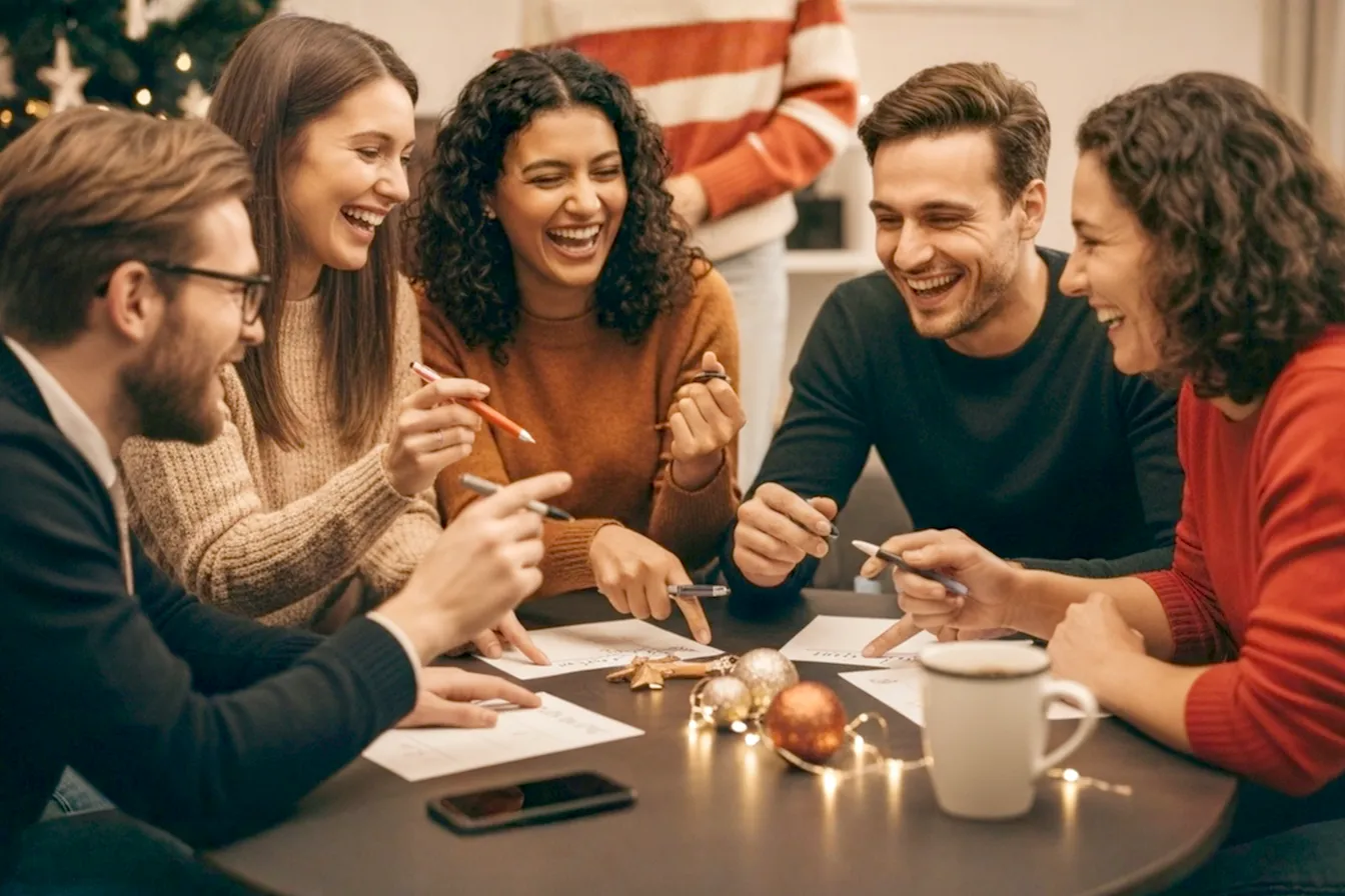 A festive, vibrant, and inviting close-up shot of a group of diverse people (friends and family, various ages) gathered around a coffee table, actively engaged in a Christmas trivia game. They are laughing, pointing at answers on paper, and some are holding pens. The table is adorned with subtle, tasteful Christmas decorations like small ornaments, a diffused string of fairy lights, and a mug of hot cocoa. The lighting is warm and cozy, with a shallow depth of field to keep the focus on the interactive group. Lifelike, pro photography style.