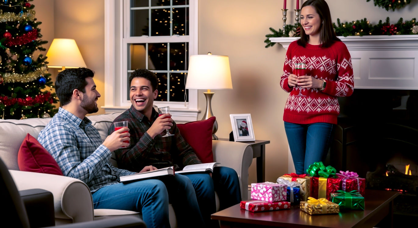 A professional, lifelike, candid-style photograph capturing the social, relaxed atmosphere that the FAQs describe. The subject is a small group of friends in a festively decorated living room, embodying the "socialize, don't discuss" theme. The composition is a dynamic medium shot showing three people: two sitting on a sofa, holding festive drinks and laughing in an engaged conversation, while a third stands near the fireplace, smiling. There are no open books or formal discussion circles. On a side table, a small pile of brightly wrapped "White Elephant" or "Secret Santa" gifts is visible, referencing the gift budget and exchange questions. The lighting is warm and ambient, coming from lamps and the glow of a decorated Christmas tree in the corner, creating a joyful, social, and celebratory mood that emphasizes camaraderie and festive fun over formal routine.