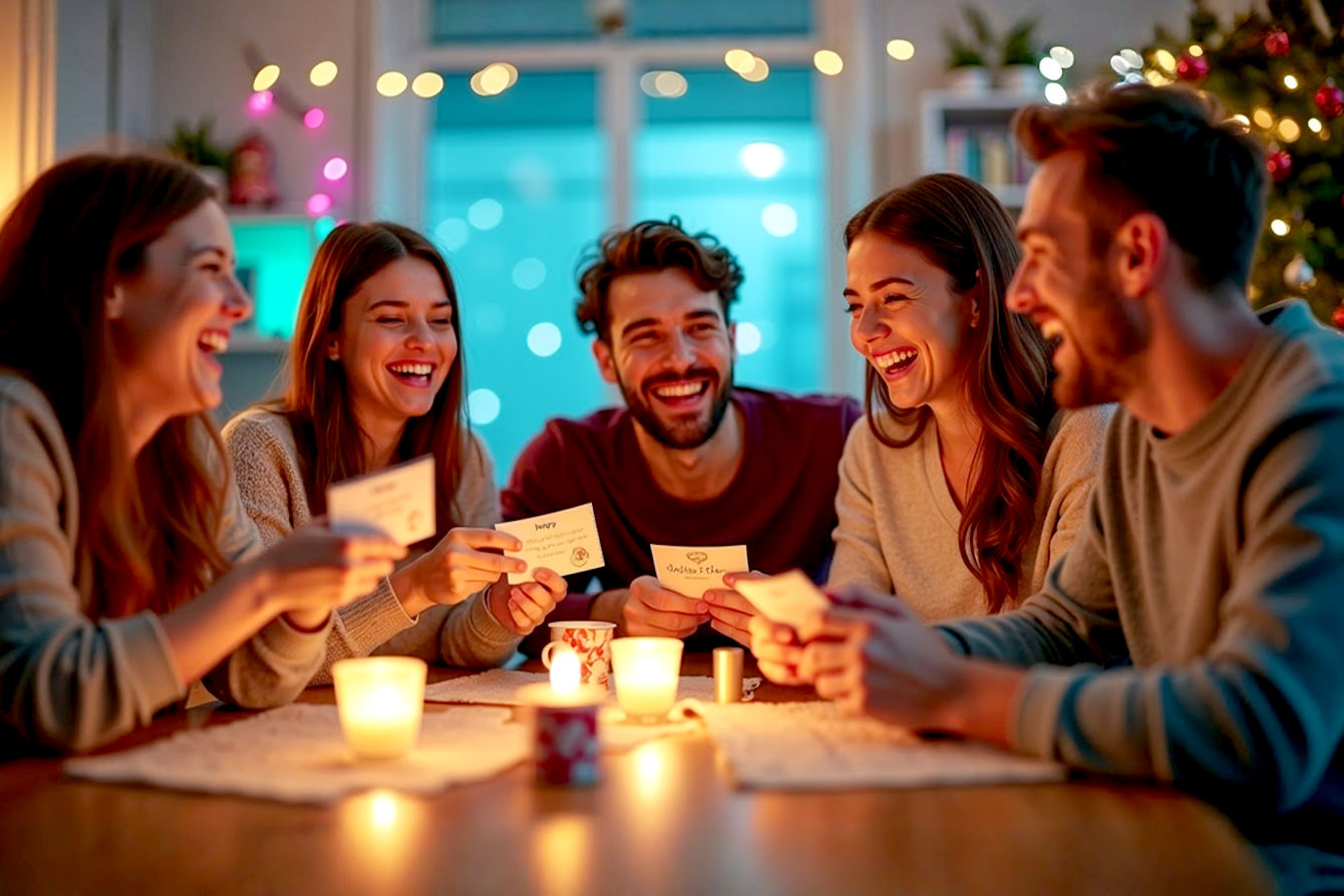 A vibrant, high-quality, lifelike professional photograph of a group of friends and family laughing genuinely and joyfully around a holiday table, possibly exchanging holiday cards or looking at a phone. Some are holding cards with subtle humorous designs or expressions of amusement. The setting is warm and inviting, with soft, festive lighting and subtle holiday decorations in the background, out of focus. The focus is on the authentic laughter and connection. Bright, cheerful colors. The style should be modern and slightly candid, capturing genuine human interaction.