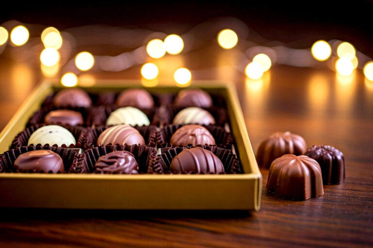 Lifelike pro photography style, soft focus background, elegant arrangement of assorted gourmet chocolates in a luxurious, festive Christmas gift box on a rich dark wooden table. Include some delicate gold ribbon and subtle, warm fairy lights in the blurred background. The chocolates should have a glossy sheen, with some truffles dusted in cocoa, and some bonbons showing intricate patterns. Low depth of field, warm lighting, cozy Christmas atmosphere. High resolution, professional studio shot.