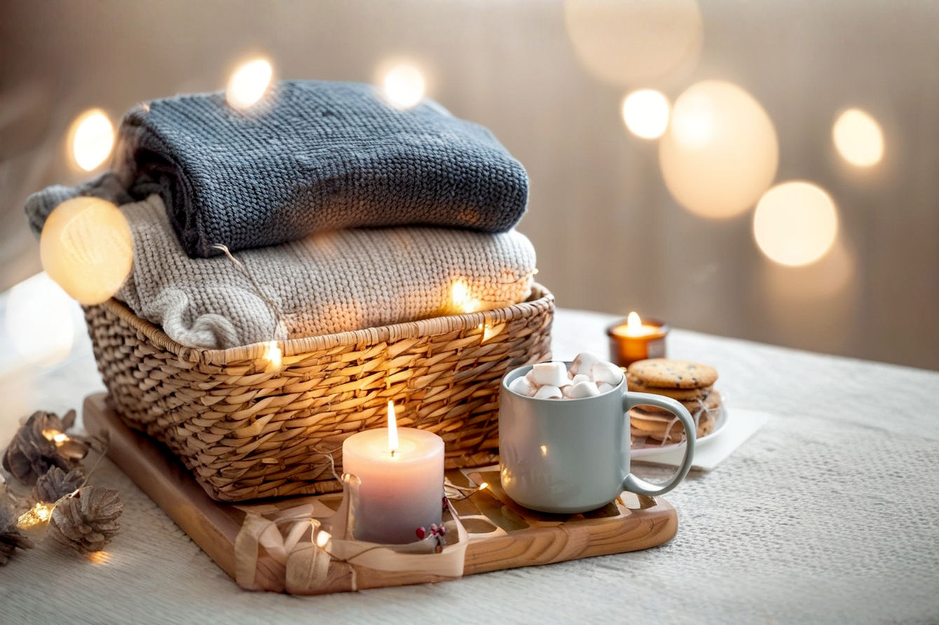 Professional photography style, extremely high resolution, a beautifully arranged Hygge Christmas gift basket overflowing with soft, chunky knit blankets, warm wool socks, flickering natural candles, a steaming mug of hot chocolate, artisan biscuits, and a well-loved book. The setting is a warmly lit, cosy living room with gentle bokeh lights in the background. Focus on rich textures, warm lighting, and a feeling of peace and contentment. Lifelike, pro photo, highly detailed, inviting, festive, soft focus background.