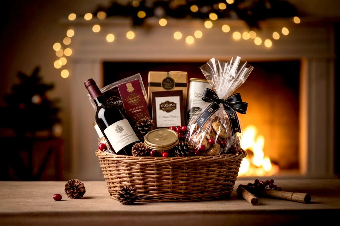 A warm, inviting, highly detailed professional photograph of a beautifully arranged, festive gift basket on a cozy, blurred background, possibly with twinkling Christmas lights or a fireplace. The basket should look appealing and high-quality, filled with gourmet treats, a bottle of wine, and perhaps some seasonal elements like pine cones or cranberries. The lighting should be soft and golden, evoking a sense of holiday cheer and urgency without panic. The composition should be slightly elevated, capturing the textures and details of the basket's contents, in a lifelike, pro photography style.