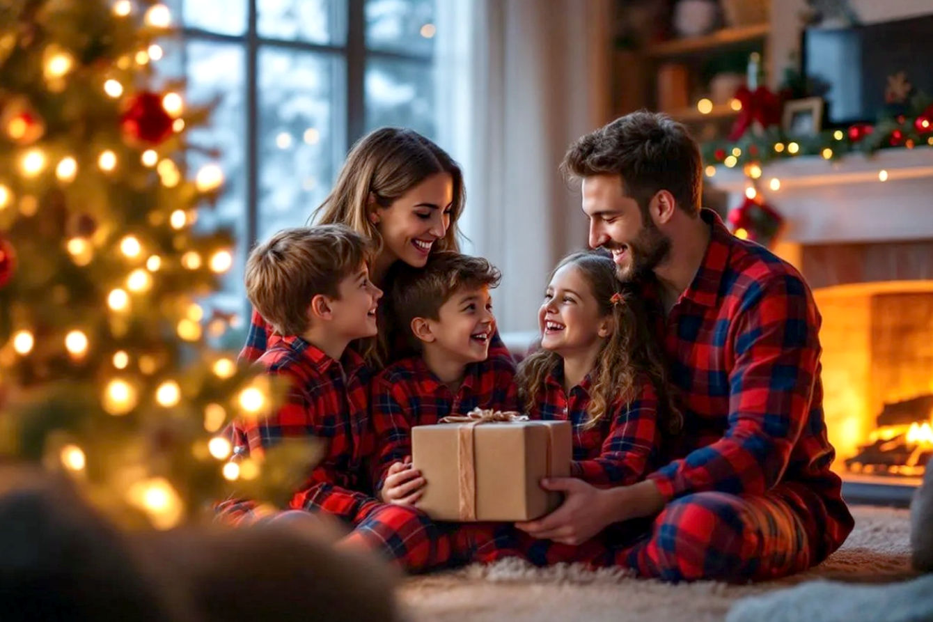 A warm, professional, high-resolution photograph in a cozy, rustic-chic living room decorated for Christmas. A young family of mom, dad, two brothers aged 8 to 10 and a sister aged 6, is smiling, laughing, and interacting genuinely while wearing matching plaid-patterned Christmas pajamas. They are gathered around a beautifully decorated Christmas tree with soft, warm lights, perhaps with a fireplace in the background emitting a gentle glow. One child might be holding a wrapped gift or a mug of hot chocolate. The lighting should be soft, warm, and inviting, creating a magical, intimate atmosphere, reminiscent of a professional holiday photoshoot. Focus on genuine connection and comfort.