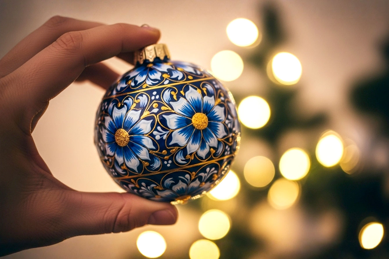 Pro photography style close-up of a hand gently holding a beautifully hand-painted ceramic Christmas ornament, featuring intricate blue and gold floral patterns. The background is softly blurred with warm, festive lights. The scene is well-lit, showing detailed brushstrokes and a glossy finish on the ornament. Lifelike, warm tones, high resolution.