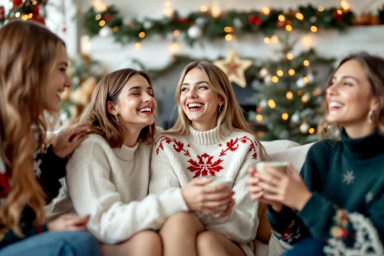 Lifelike professional photography of a group of women happily wearing a range of stylish and cozy festive jumpers. Some jumpers are elegant and subtly patterned, others are brightly colored with fun, tasteful holiday motifs. The women are enjoying a festive setting, such as a cozy living room with a fireplace, a decorated outdoor market, or a cheerful holiday gathering. The lighting is warm and inviting, highlighting the soft textures and vibrant colors of the knitwear. The image should evoke feelings of joy, comfort, and togetherness, with a high-end, editorial fashion shoot aesthetic.