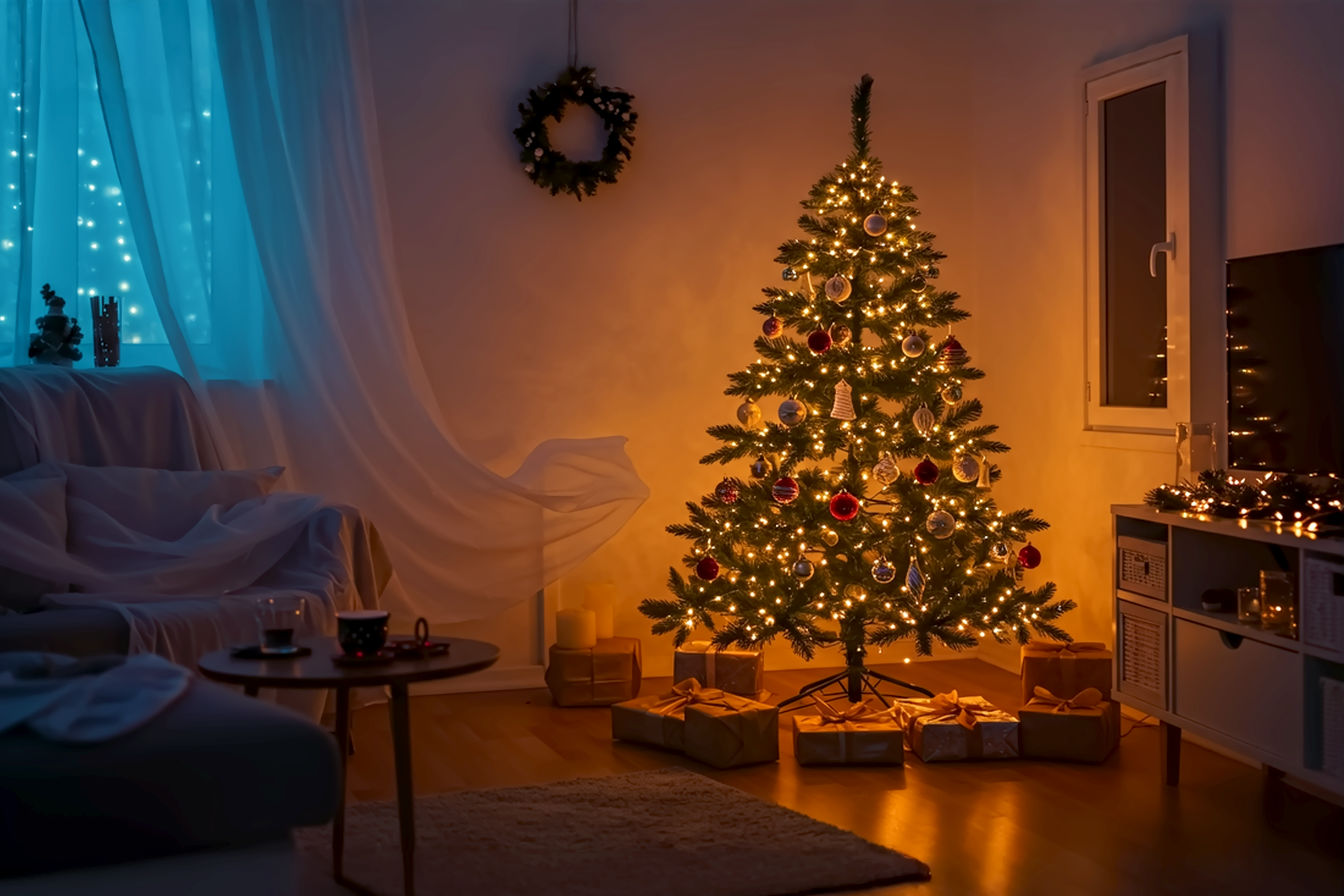 Professional photography style, lifelike, eye-level shot of a beautifully decorated 4-foot prelit Christmas tree positioned elegantly in a cozy, modern apartment living room. The room is small but tastefully designed, with soft, warm lighting. The tree is adorned with tasteful, proportionate ornaments that reflect the integrated LED lights, creating a warm, inviting glow. Focus on the tree as the central subject, showcasing its compact size fitting perfectly into the space without overwhelming it. The background should be slightly blurred to emphasize the tree, but hint at a comfortable, lived-in small space. The mood is warm, festive, and serene. Natural light from a window subtly illuminates the scene, complementing the tree's lights. High-resolution, crisp details.