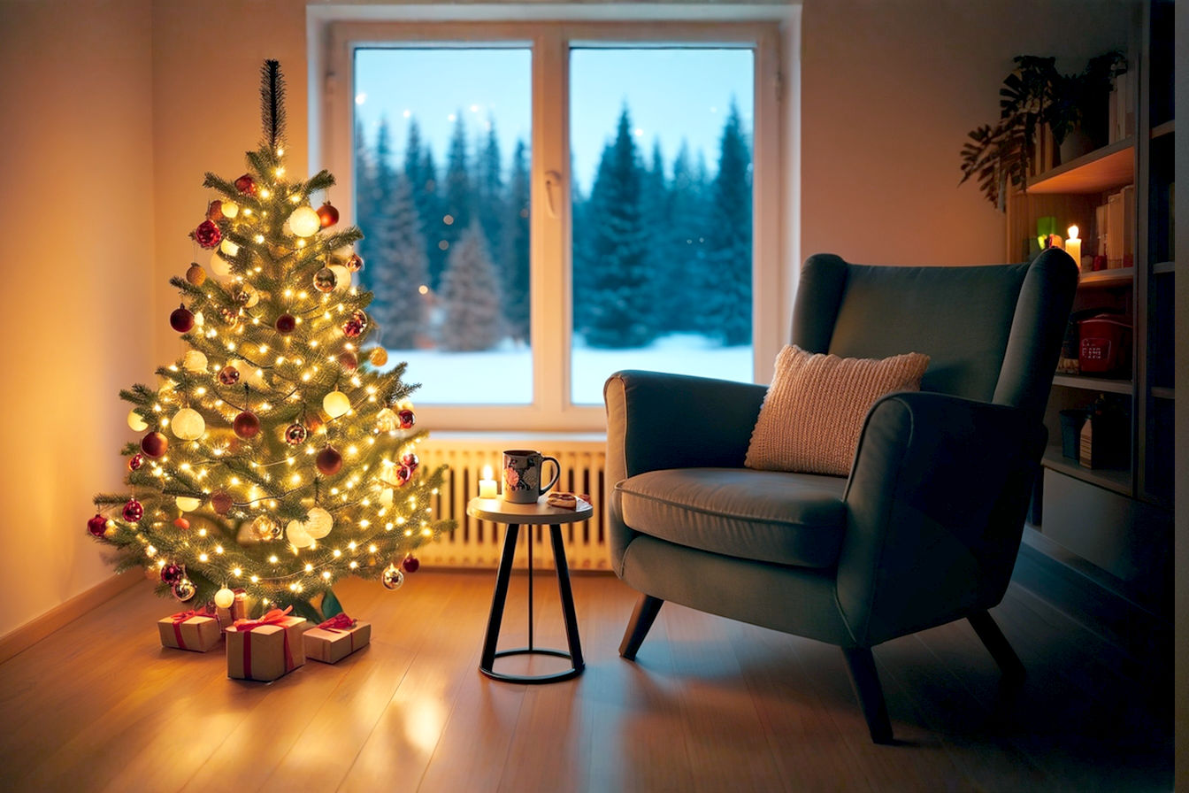 A beautifully decorated 4-foot pre-lit Christmas tree stands in a cozy, modern living room corner. The tree is illuminated with warm white LED lights, casting a soft glow. The composition features a comfortable armchair with a knitted throw, a small, elegant side table with a festive mug, and a window with a subtle snow scene outside. The mood is warm, inviting, and peaceful. Professional photography style, shallow depth of field, natural lighting with warm accents, high resolution, lifelike realism, cozy holiday atmosphere.