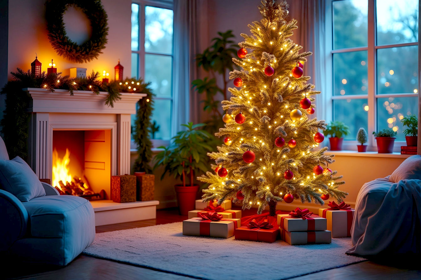 Professional photography style, high-resolution image of a beautifully decorated 8ft prelit Christmas tree standing elegantly in a cozy, modern living room. The tree is adorned with warm white LED lights, classic red and gold ornaments, and a festive tree topper. The room features a warm, inviting ambiance with a fireplace glowing softly in the background and a few wrapped gifts beneath the tree. The composition should be eye-level, slightly wide-angle to capture the tree's full height and width, with a shallow depth of field to keep the tree sharply in focus. The lighting is soft and warm, emphasizing the tree's glow and the festive mood. The overall mood is joyful, serene, and aspirational, reflecting the magic of the holiday season. Lifelike details, natural textures, and a professional, polished aesthetic are crucial.