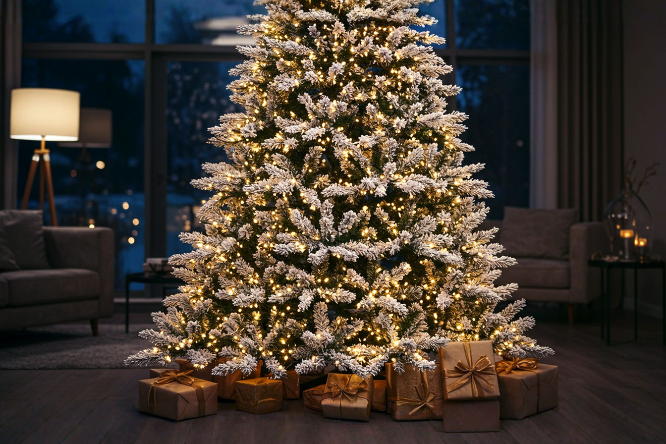 A professional, lifelike photograph of a magnificent 9-foot heavily flocked artificial Christmas tree standing elegantly in a spacious, modern living room with high ceilings. The tree is pre-lit with warm white LED lights, casting a soft, inviting glow. The flocking is abundant and realistic, creating the illusion of fresh, soft snow. The tree is lightly decorated with a few metallic silver and gold ornaments that subtly reflect the lights, emphasizing the snowy texture rather than overwhelming it. The composition is eye-level, slightly wide-angle, showcasing the tree's impressive height and width within the room. The background is softly blurred, showing hints of comfortable, contemporary furniture and a large window with a subtle, out-of-focus winter scene outside. Lighting is soft, ambient, and warm, suggesting a cozy evening. The mood is serene, festive, and luxurious, capturing the essence of a perfect holiday centerpiece.
