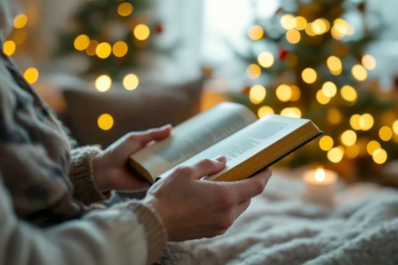 Lifelike professional photography of a cozy, nostalgic Christmas scene. A warm, softly lit living room with a decorated Christmas tree in the background, out of focus. In the foreground, a pair of hands (one older, one younger) are gently holding an open, well-loved book with a classic, slightly worn cover. Soft focus on the hands and book, with warm, inviting light. The mood is intimate, reflective, and heartwarming, conveying a sense of tradition, shared memories, and the quiet magic of the holiday season. The image should evoke a feeling of comfort and timelessness, with a shallow depth of field. Pro DSLR camera, golden hour lighting.