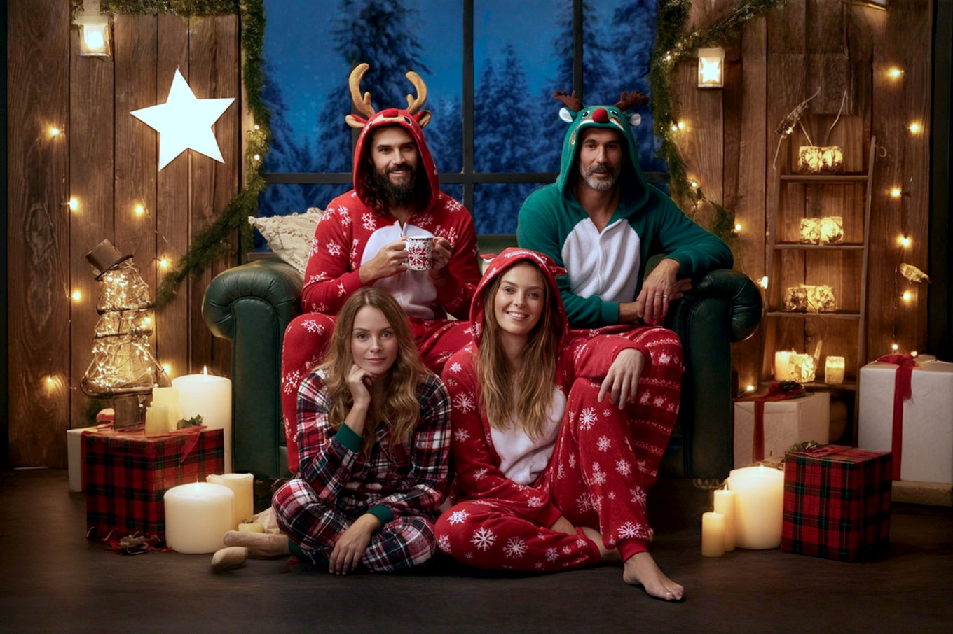 A professional, lifelike photograph of a group of adults (2-3 people, mixed genders) comfortably lounging in a cozy, festively decorated living room during Christmas. They are wearing various styles of cheerful Christmas onesie pajamas (e.g., one with reindeer, one with snowflakes, one with classic plaid). The composition should show them relaxed and happy, perhaps sipping hot cocoa or laughing together, with soft, warm lighting from a fireplace or twinkling Christmas tree lights in the background. Emphasize a sense of warmth, comfort, and holiday cheer. The style should be high-quality, aspirational lifestyle photography, suitable for a magazine cover.