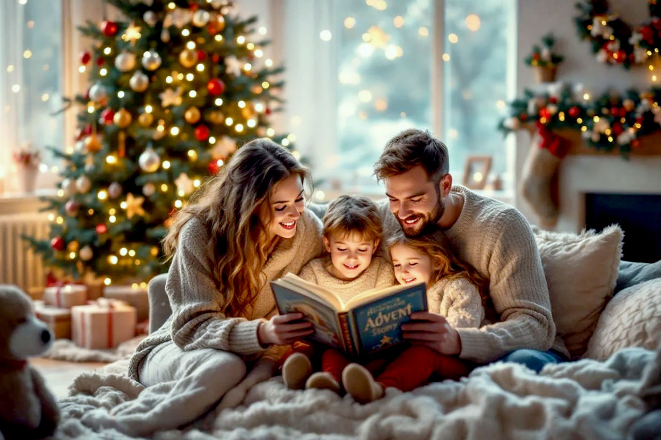 A warm, cozy, and inviting living room scene during the Christmas season. A traditional family (parents and two children, approximately 6 and 9 years old) is snuggled together on a plush sofa or rug in front of a softly lit Christmas tree. The parents are reading an open Advent storybook to the children, who are looking up with wide-eyed wonder and smiles. Soft, warm lighting from the tree and perhaps a fireplace illuminates their faces. There are festive decorations subtly in the background (garlands, wrapped gifts). The overall mood is one of togetherness, warmth, and quiet magic. The image should have a lifelike, professional photography style with a shallow depth of field, emphasizing the family and the book.