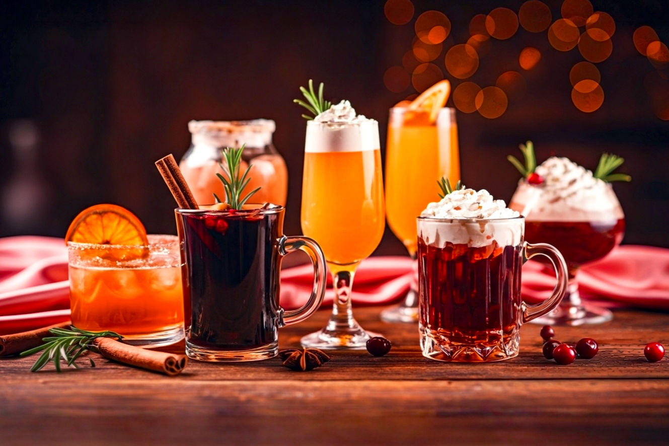 A vibrant, lifelike professional photograph of a beautifully arranged collection of seven distinct alcoholic Christmas drinks on a rustic wooden table. Each drink is in an appropriate, elegant glass (e.g., a mug for mulled wine, a flute for a mimosa, an Old Fashioned glass for whiskey). The drinks are garnished festively with elements like cinnamon sticks, cranberries, orange slices, rosemary sprigs, and whipped cream. The background is softly blurred with warm, inviting Christmas lights and subtle holiday decor, creating a cozy and celebratory mood. The lighting is soft and warm, highlighting the rich colors and textures of the drinks. The composition is a close-up, slightly elevated shot, emphasizing the drinks as the focal point.