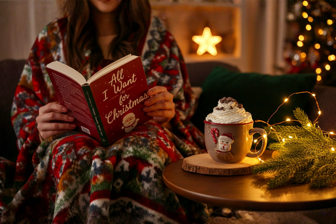 Lifelike professional photography of a cosy, warmly lit living room during Christmas. A woman is comfortably curled up on a sofa, wrapped in a festive blanket, holding an open book titled "All I Want for Christmas." A mug of hot chocolate with whipped cream is on a nearby table, alongside twinkling fairy lights and subtle Christmas decorations. The atmosphere is inviting, warm, and evokes holiday spirit.