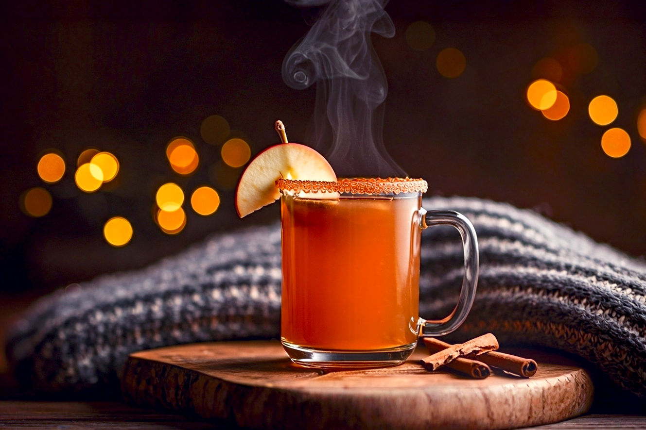 A professional, lifelike, high-resolution photograph of a steaming mug of Apple Cider Rum, garnished with a cinnamon stick and a thin apple slice, placed on a rustic wooden table next to a soft, knitted blanket. The background features blurred, warm-toned lights from a fireplace or string lights, creating a cozy, inviting, and festive winter mood. The lighting is soft and warm, emphasizing the steam rising from the mug and the rich amber color of the drink. Focus is on the mug, with a shallow depth of field. The style is professional food photography, emphasizing warmth and comfort.