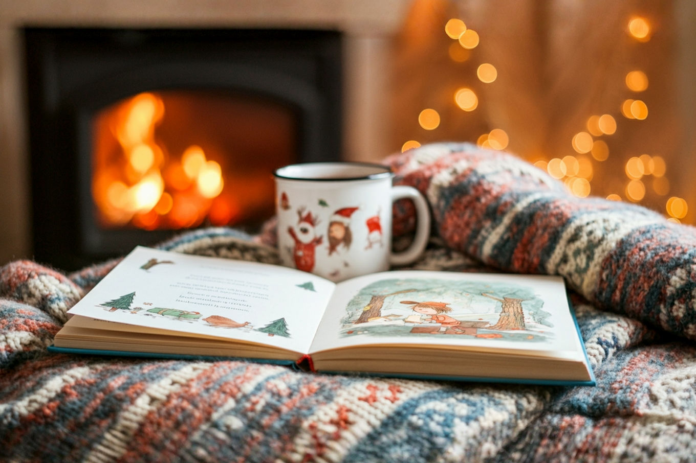 A cozy, lifelike professional photograph of an open children's book titled 'Bear Stays Up for Christmas' resting on a soft, knitted blanket next to a steaming mug of hot chocolate. In the background, out of focus, there's a warm, glowing fireplace with twinkling Christmas lights. The scene should evoke a sense of comfort, warmth, and holiday magic. Natural, soft lighting. Pro photography style.