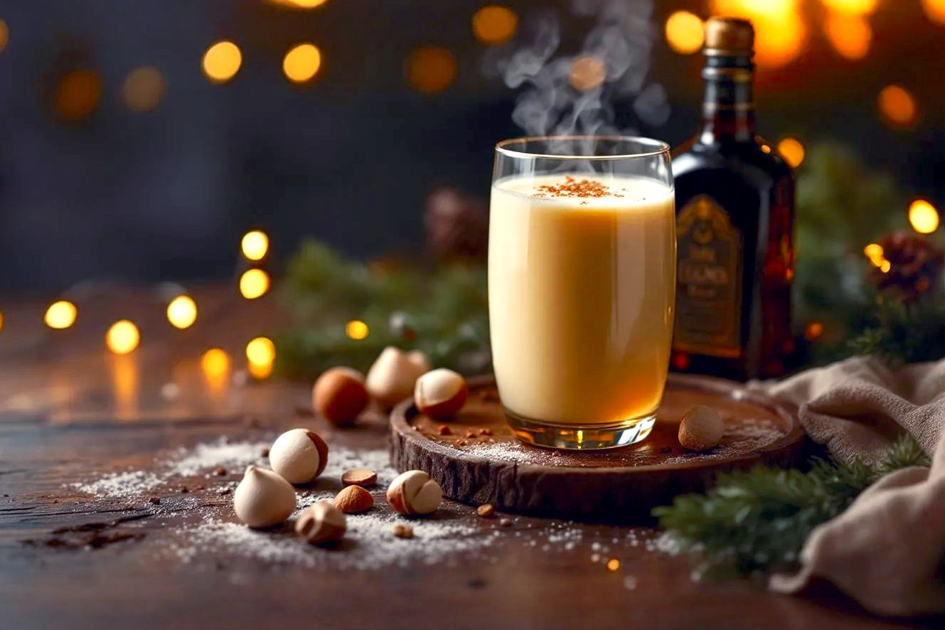 A high-angle, lifelike professional photograph of a beautifully garnished glass of eggnog, subtly steaming, placed on a rustic wooden table beside a vintage bottle of dark rum and a few whole nutmegs. The background is softly blurred with warm, festive holiday lights. The composition is cozy and inviting, emphasizing the rich, creamy texture of the eggnog and the elegant bottle. Lighting is soft, warm, and golden, suggesting a cozy evening. The mood is festive, comforting, and sophisticated.