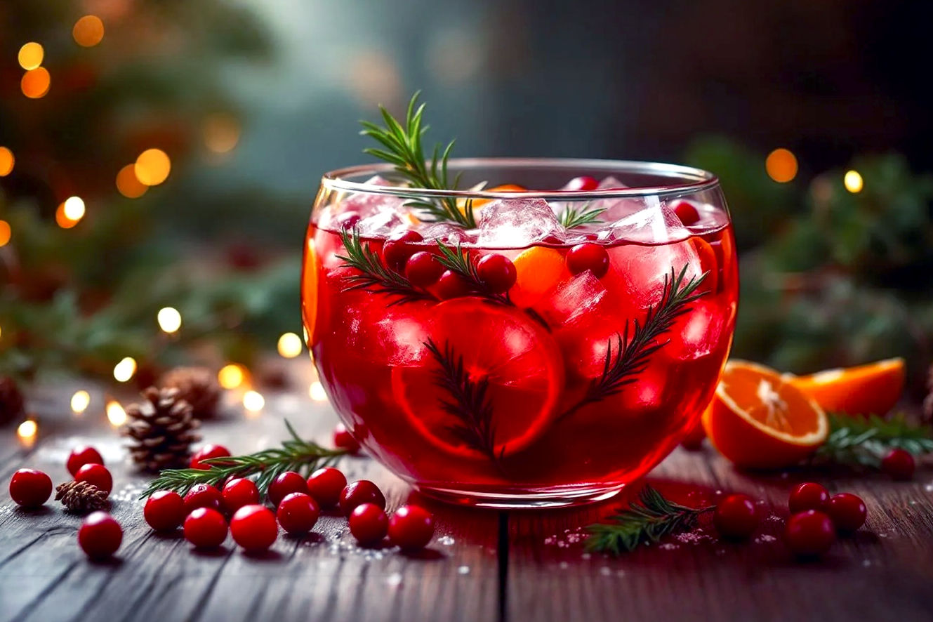 Professional, lifelike, high-resolution photograph of a beautifully adorned, large glass punch bowl filled with a vibrant, red alcoholic Christmas punch. The punch should be garnished generously with fresh cranberries, orange slices, and fragrant rosemary sprigs, with a large, clear ice ring floating within. The bowl is positioned as the central focus on a rustic wooden table, surrounded by softly blurred festive holiday decorations like twinkling fairy lights, pine cones, and evergreen branches. Warm, inviting golden hour lighting casts a soft glow, creating a cozy and celebratory mood. Shallow depth of field to emphasize the punch bowl, with a blurred background. Pro photography style, sharp focus on the punch, natural colors.