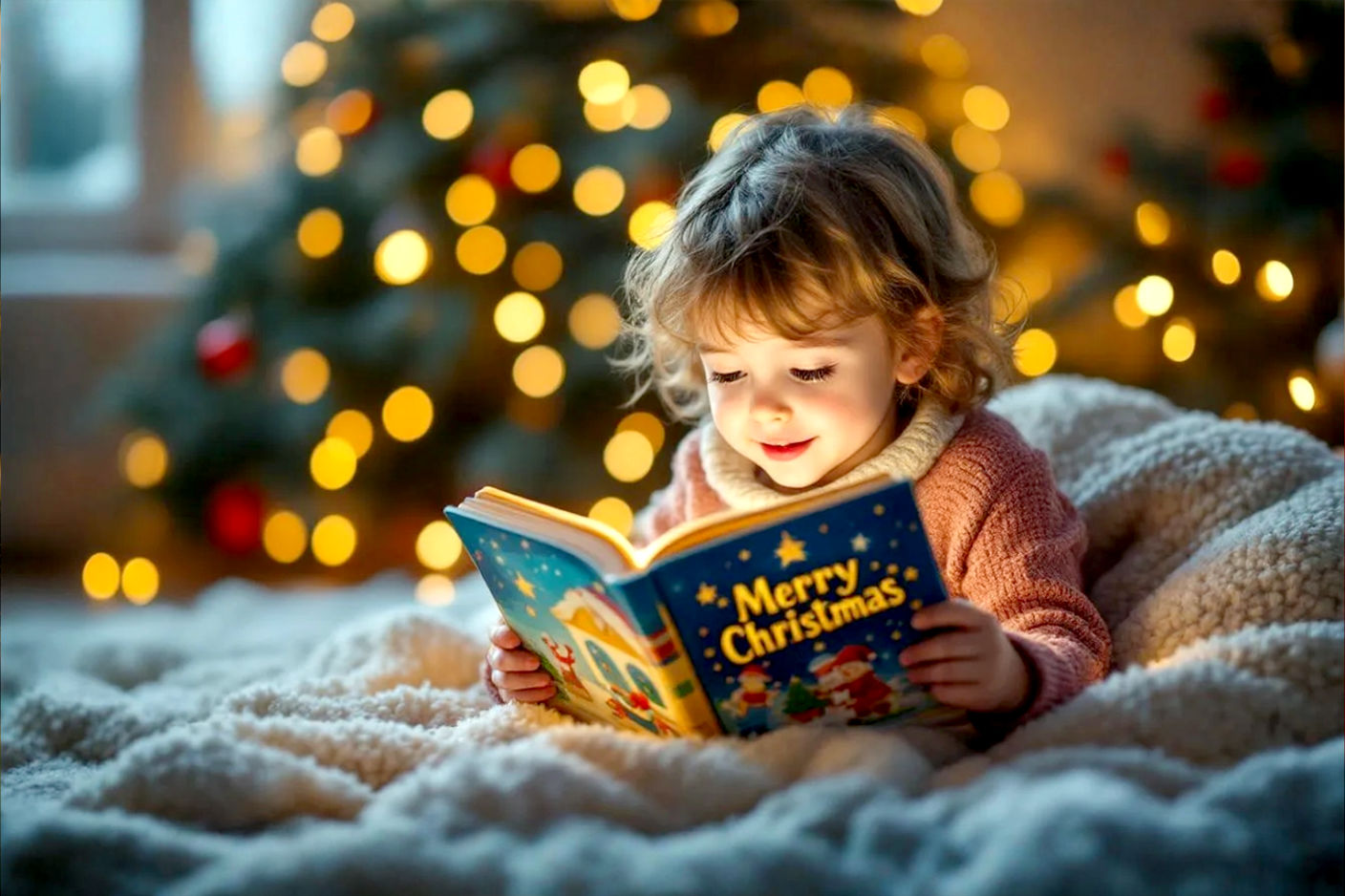 A warm, inviting scene of a preschool-aged child (around 4-5 years old) sitting cozily on a plush rug or beanbag chair, engrossed in a brightly illustrated Christmas book. Soft, twinkling Christmas lights are blurred in the background, creating a festive glow. The child's face shows wonder and engagement. The lighting is soft and golden, evoking a sense of warmth, magic, and holiday cheer. Professional photography style, shallow depth of field.