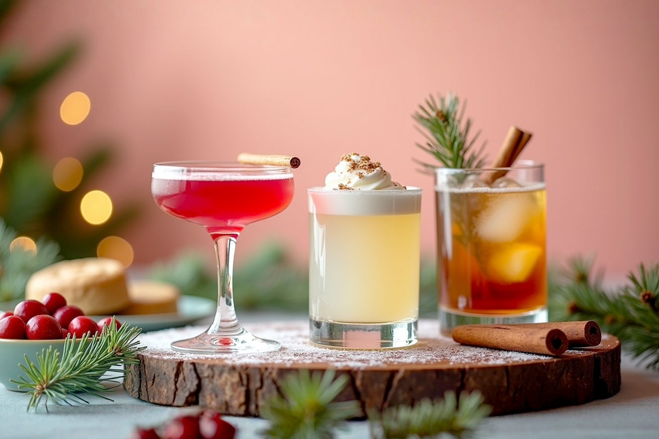 A beautifully styled, high-resolution, professional studio photograph of three distinct Christmas cocktails arranged on a rustic wooden bar top, adorned with subtle festive decorations like pine needles, frosted cranberries, and cinnamon sticks. The lighting is warm and inviting, with soft, diffused glow creating a cozy, celebratory mood. One cocktail is a vibrant red (e.g., Cranberry Mimosa), another is creamy white (e.g., Eggnog or White Russian), and the third has a rich, amber hue (e.g., Old Fashioned). Each drink is perfectly garnished and presented in appropriate, elegant glassware. The background is softly blurred with bokeh lights, suggesting a festive party atmosphere. The focus is sharp on the cocktails, emphasizing their delicious and impressive appearance. Lifelike pro photography style. Core theme: Impressive Christmas Cocktails for Parties