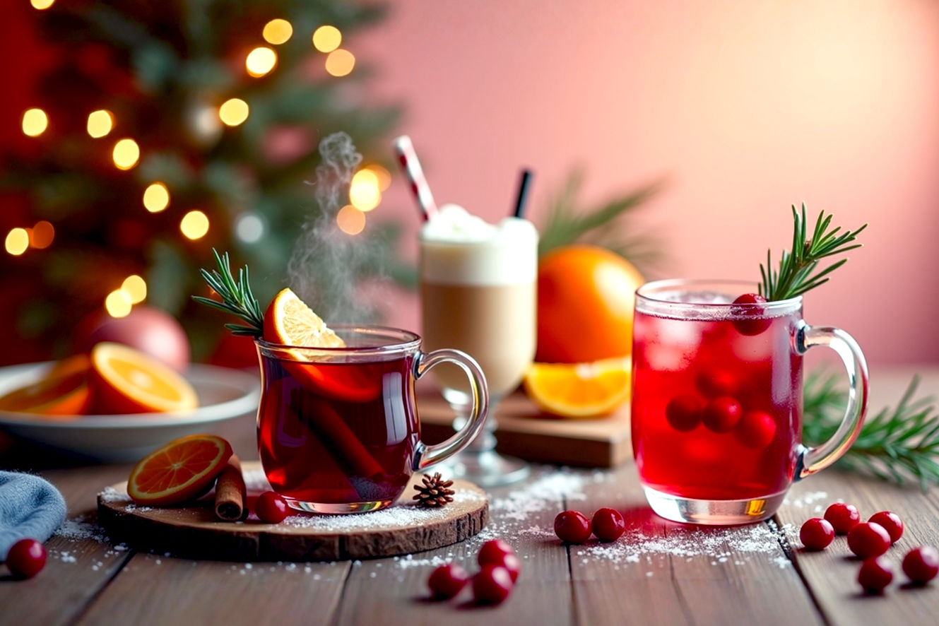Lifelike professional photography of a warm, inviting Christmas holiday scene. Focus on a beautifully arranged collection of festive drinks on a rustic wooden table. Include a steaming mug of mulled wine with cinnamon sticks and orange slices, a frosted glass of creamy eggnog with a sprinkle of nutmeg, and a vibrant cranberry sparkler with fresh cranberries and a rosemary sprig. The background should be softly blurred, featuring warm, glowing string lights and a hint of a decorated Christmas tree. The lighting should be soft, warm, and golden, creating a cozy and celebratory mood. Shot at eye level with a shallow depth of field, emphasizing the drinks. Pro-grade camera, natural light, high resolution.