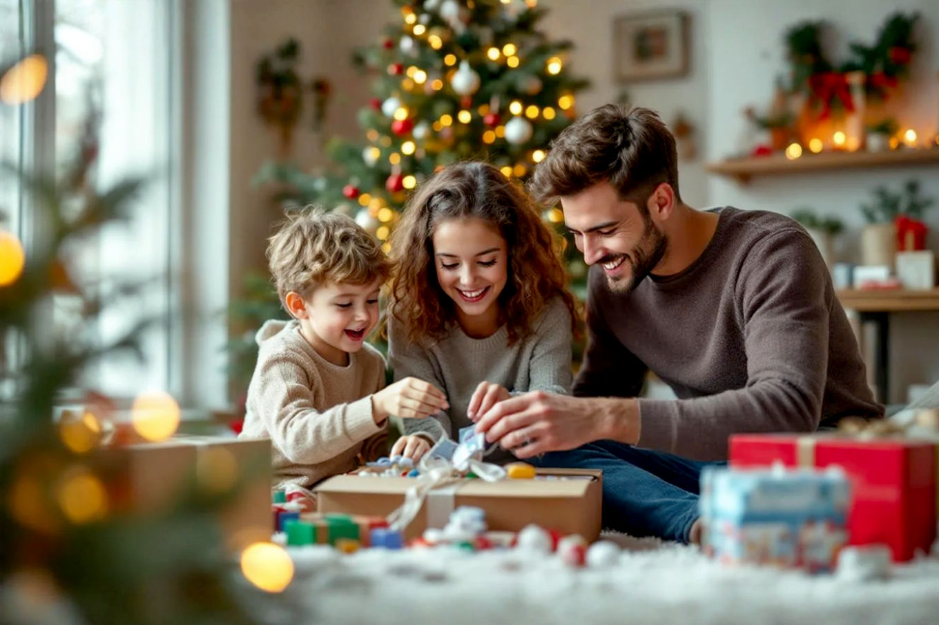 Professional photography style, lifelike, warm and inviting scene of a family (parents and two children, one young child around 4-5 years old, one older child around 8-10 years old) on Christmas morning. They are gathered around a beautifully decorated Christmas tree, unboxing a variety of Christmas themed toys. Soft, natural light fills the room, creating a cosy, joyful atmosphere. Focus on the expressions of wonder and engagement on the children's faces and the loving interaction between the family members. Include subtle festive decorations in the background. High resolution, vibrant colours, shallow depth of field.