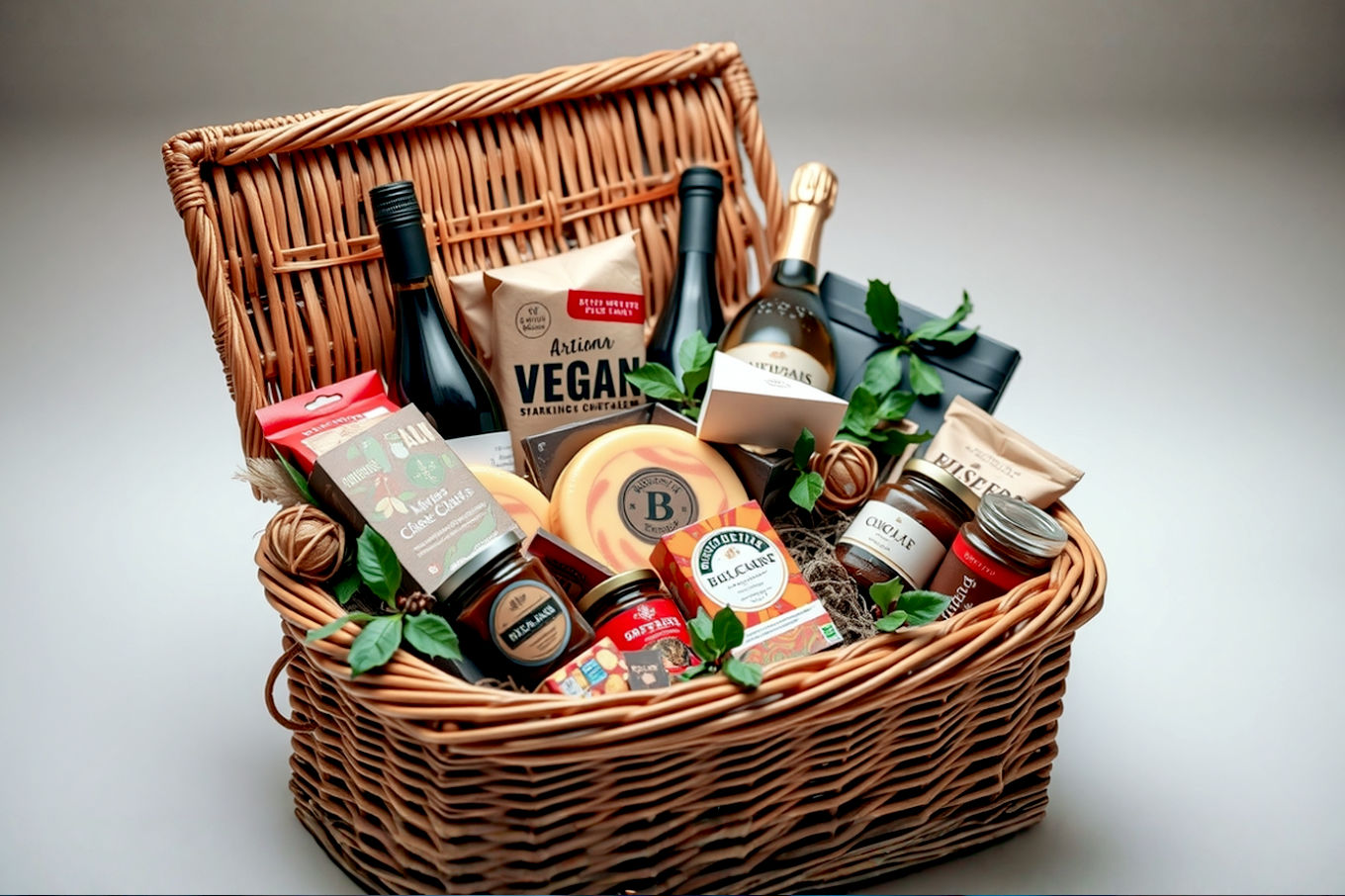 A vibrant, high-angle professional studio photograph of an open, rustic wicker Christmas hamper overflowing with an assortment of beautifully packaged, colorful vegan gourmet foods. Include items like a block of artisan vegan cheese with crackers, a bottle of vegan wine or sparkling cider, a box of decadent vegan chocolates, a jar of festive chutney, and some vibrant green sprigs of holly or pine for a touch of Christmas. The lighting is soft, warm, and inviting, creating a cozy holiday mood. The background is subtly blurred with bokeh lights, suggesting a festive atmosphere. The composition is clean, bright, and emphasizes the abundance and quality of the vegan contents. The style is lifelike and high-resolution, suitable for professional food photography.