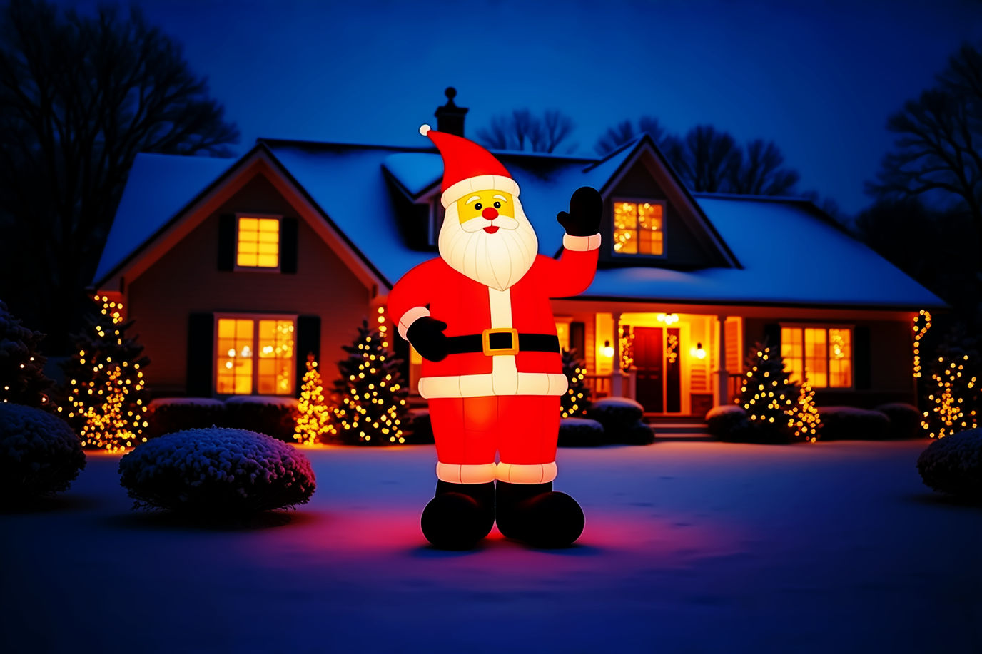 A professional, lifelike photograph of a towering, inflatable Santa Claus standing prominently in a beautifully decorated suburban front yard at dusk. The Santa is brightly lit from within by warm LED lights, making his red suit and white beard glow. The yard is subtly adorned with tasteful, warm-toned string lights on bushes and a few snow-covered evergreens in the background. The sky is a deep twilight blue, and a light dusting of fresh, soft snow covers the ground, reflecting the Santa's glow. The composition is eye-level, capturing the full height of the Santa, with a slightly wide-angle lens to show the festive home in the background. The mood is magical, cheerful, and inviting, emphasizing the joy and grandeur of the holiday display. High-resolution, crisp focus, natural depth of field.