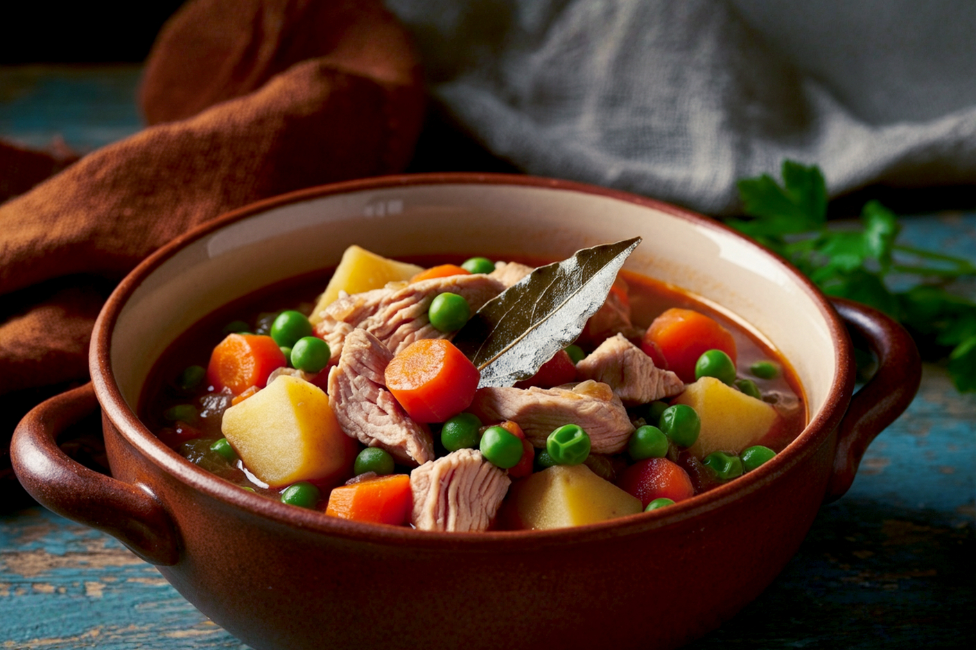 Featured Image Prompt: A close-up, top-down professional food photography shot of a steaming, rustic bowl of hearty turkey stew. The stew should be rich and thick, clearly showing tender chunks of turkey, vibrant orange carrots, green peas, and cubed potatoes in a deep, savory brown broth. A single bay leaf is visible. The bowl is a warm, earthy ceramic, placed on a distressed wooden table. Soft, warm natural light from the side creates subtle shadows and highlights the texture of the stew. A crumpled linen napkin in a neutral tone is subtly visible in the background, along with a few scattered fresh parsley leaves. The mood is cozy, inviting, and comforting. Lifelike, high-resolution, professional photography style.