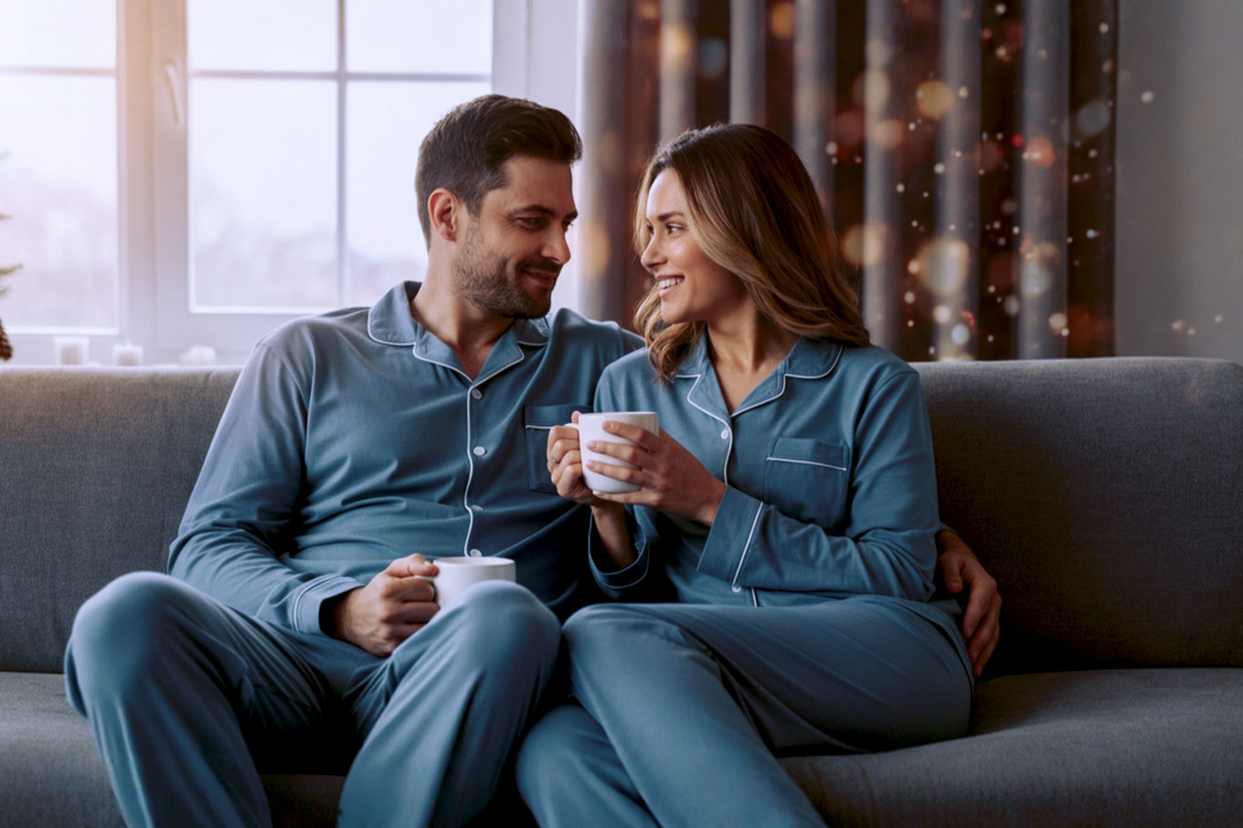 High-resolution, professional studio photography of a happy couple (mid-30s, one male, one female) sitting comfortably on a plush, neutral-toned sofa, softly illuminated by warm, inviting light from a large window. They are both wearing coordinated, stylish, and comfortable matching classic button-down long-sleeve and pant pajama set in a soft, muted color like dusty blue or cream. The male is gently resting his arm around the female, and they are both smiling genuinely, perhaps holding mugs of coffee or tea. The scene should evoke warmth, intimacy, and relaxation at Christmas. Focus on the texture and drape of the pajama fabric, highlighting its perceived softness and quality. The background is subtly blurred, suggesting a cozy home environment. The image should be lifelike, aspirational, and convey a sense of shared comfort and connection.