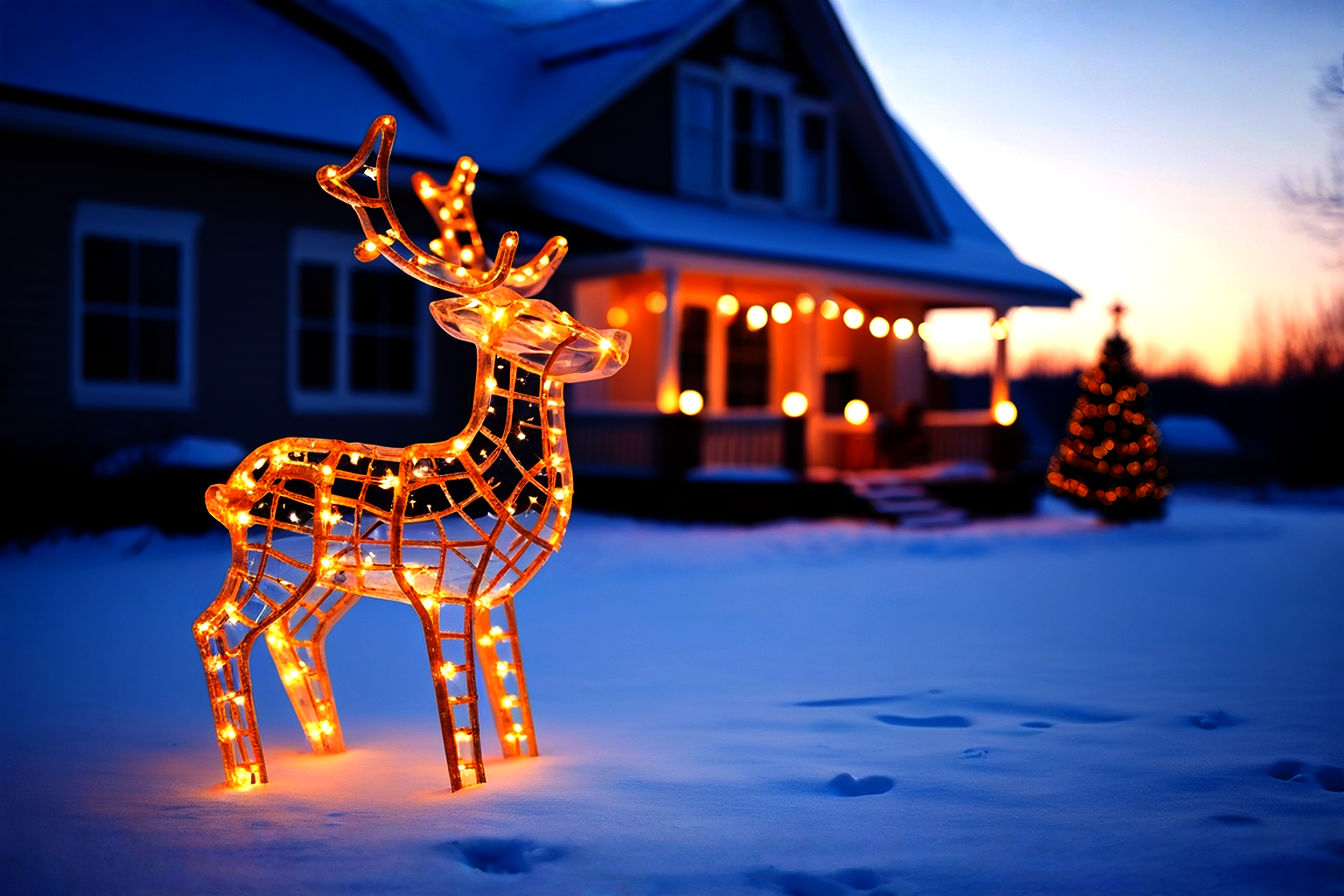 A professional, lifelike photograph of a majestic, pre-lit outdoor decorative reindeer with warm white LED lights, standing gracefully in a snow-covered front yard at dusk. The reindeer should be made of a translucent acrylic material, glowing softly from within. In the background, a tastefully decorated house with subtle, complementary holiday lights is visible, creating a cozy and inviting atmosphere. The composition should be eye-level, focusing on the reindeer as the main subject, with a shallow depth of field to subtly blur the background. The lighting is soft and ambient, emphasizing the reindeer's glow against the twilight sky. The mood is magical, serene, and full of holiday wonder.