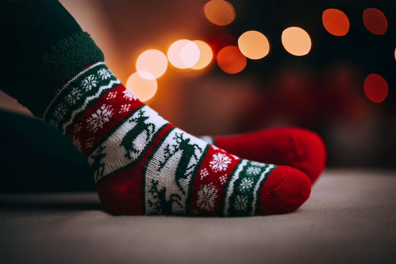Professional, lifelike studio photography of a pair of cozy, festive Christmas socks. The socks are made of a soft, textured material like wool or fleece, featuring a classic holiday pattern (e.g., snowflakes, reindeer, or a subtle fair isle design) in traditional red, green, and white colors. The socks are gently folded or draped, suggesting comfort and warmth. The background is a softly blurred, warm-toned setting, possibly with a hint of festive lights or a cozy fireplace glow, creating a serene and inviting mood. Lighting is soft and diffused, highlighting the texture and details of the socks. The composition is clean and focused on the socks, emphasizing their appeal as a comfortable and stylish holiday item.