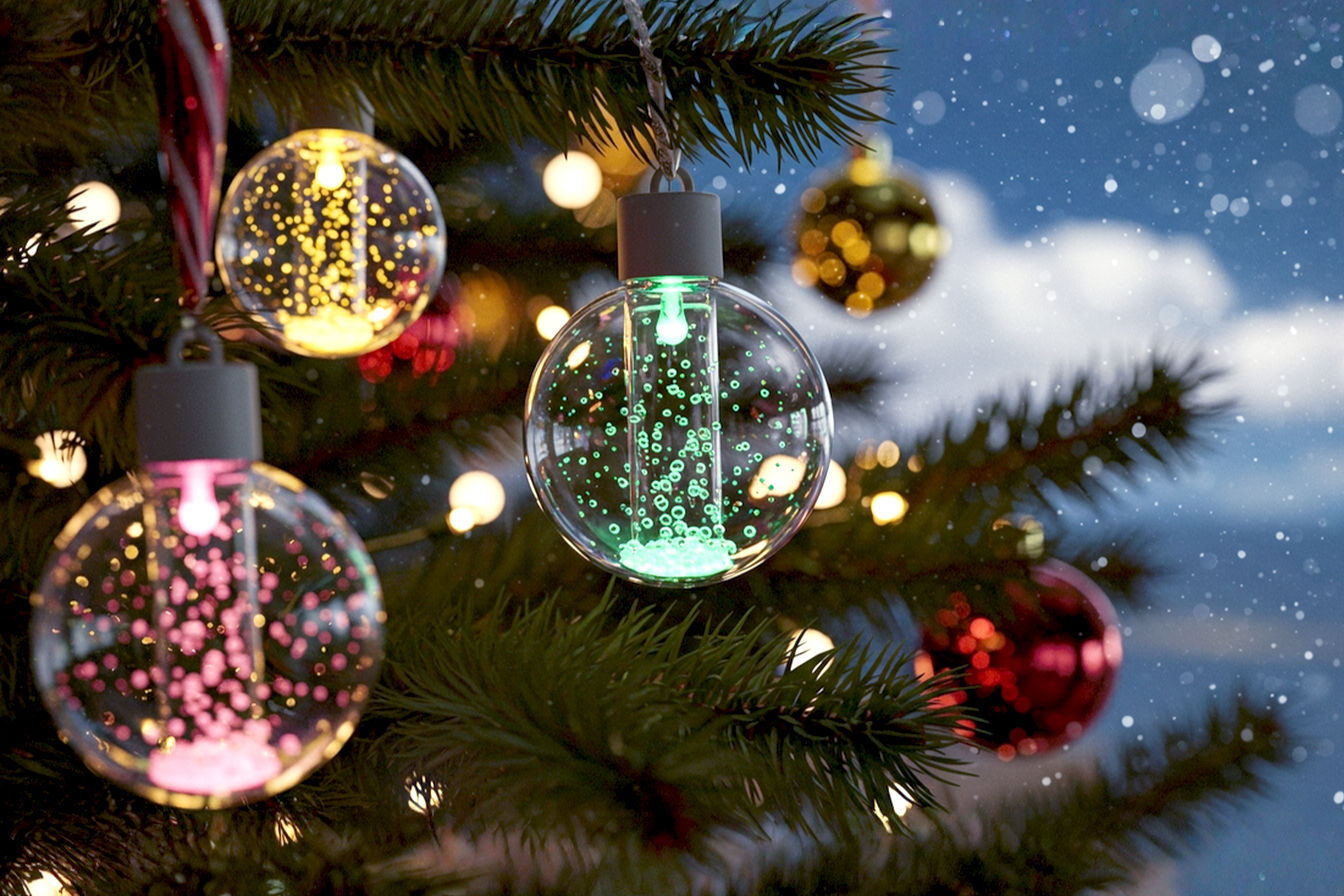 A close-up, eye-level professional photograph of a beautifully decorated Christmas tree, prominently featuring several lit bubble lights. The focus is on the mesmerizing bubbling action within the colorful glass vials. The background is softly blurred, showing other warm, out-of-focus Christmas lights and ornaments. The lighting is soft, warm, and inviting, creating a cozy, nostalgic, and magical holiday atmosphere. The image should convey a sense of wonder and retro charm, with rich, saturated colors and a shallow depth of field. Lifelike pro photography style.