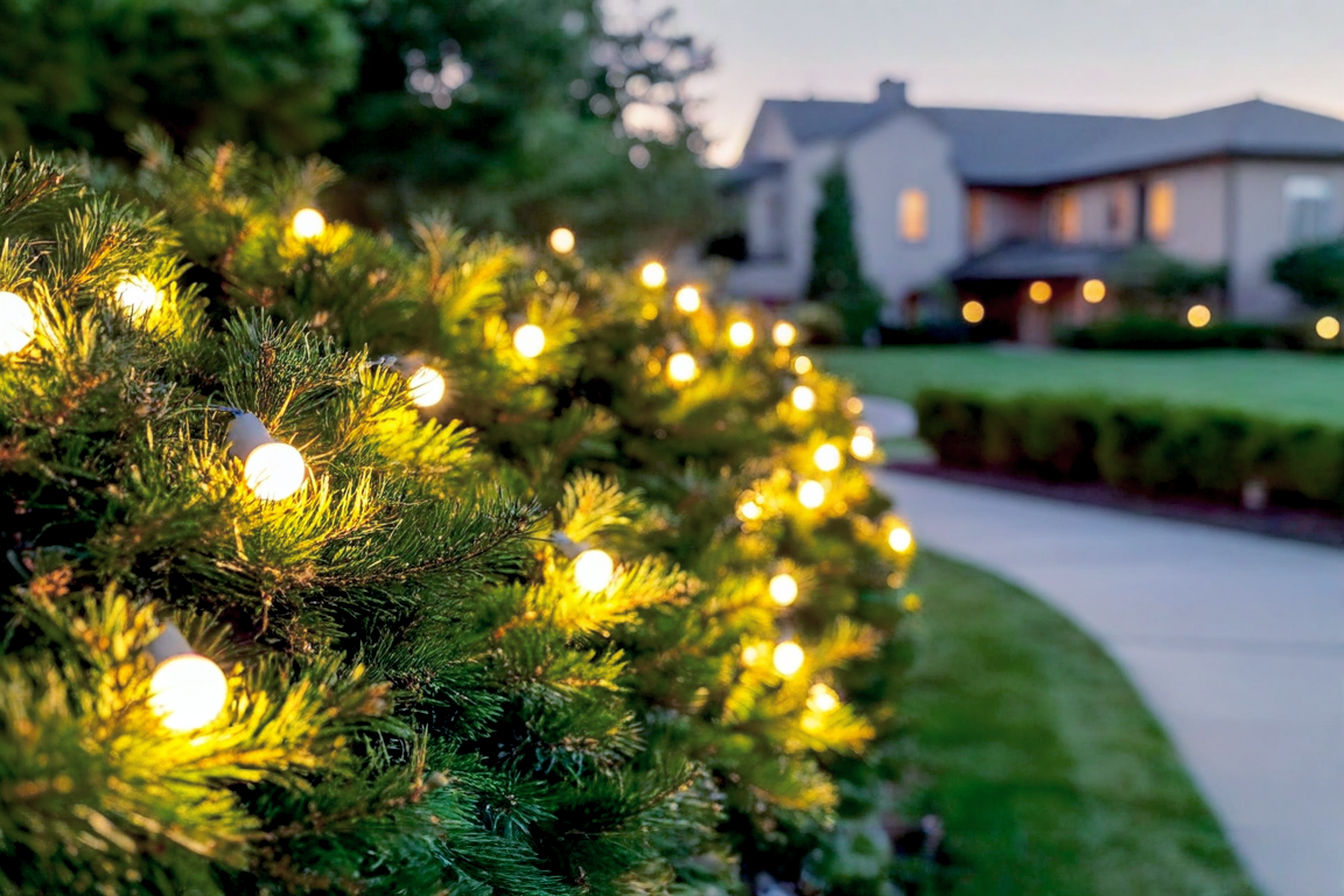 A vibrant, eye-level, professional photograph capturing a beautifully lit evergreen bush at dusk. The bush is intricately wrapped with warm white LED string lights, creating a soft, inviting glow that highlights its natural form. The foreground shows a hint of a garden path, subtly illuminated by the bush. In the blurred background, a warm, inviting residential home subtly glows. The lighting is soft and ambient, emphasizing the magical atmosphere. The overall mood is serene and enchanting, with a focus on the interplay of light and nature. Shot with a wide-angle lens, f/2.8 aperture, naturalistic colors, high dynamic range, and a slightly elevated perspective.
