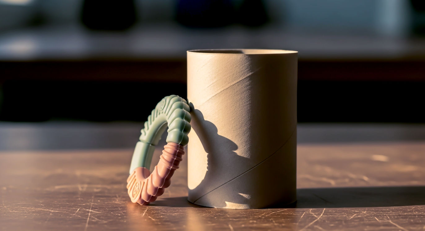 Professional DSLR photo, 16:9, golden-hour side light. Subject: A cardboard toilet paper roll standing vertically on a plain wooden surface. Foreground: A high-quality, food-grade silicone teether lying beside the roll, clearly too large to fit inside. Background: A softly blurred workbench or clean craft table, suggesting quality, materials, and construction. Mood: Safe Note: NO text, NO abstract graphics. Avoid people