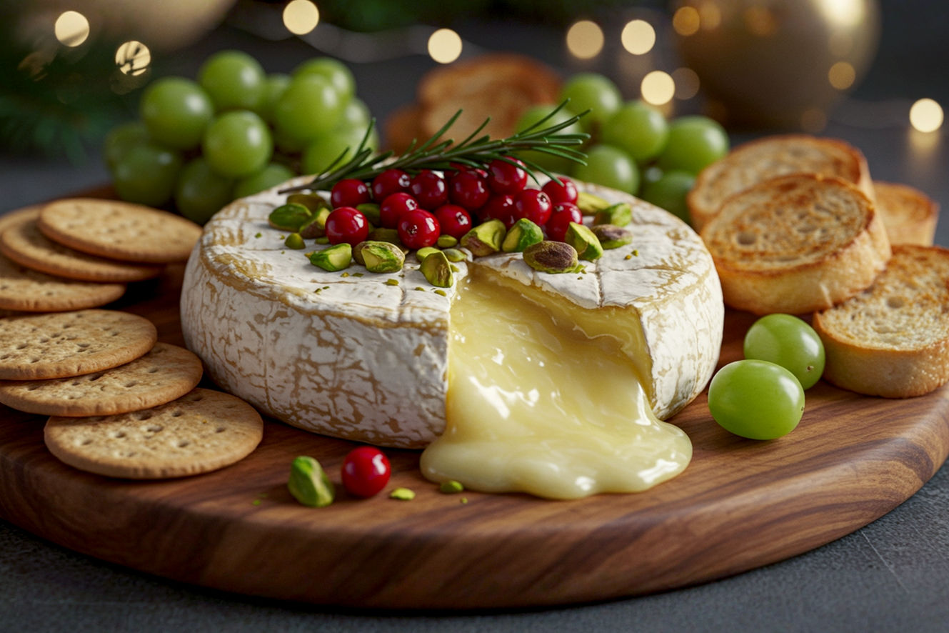 Pro photography style, lifelike, vibrant, and warm image of a perfectly baked Brie cheese wheel, golden brown and slightly bubbling, adorned with festive toppings like glistening red cranberries, chopped green pistachios, and a sprig of fresh rosemary. The Brie is centered on a rustic wooden board or an elegant white ceramic platter, surrounded by an assortment of crisp water crackers, toasted baguette slices, and fresh green grapes. Soft, inviting holiday lighting from the side, creating gentle highlights on the melted cheese and a warm glow. The background is softly blurred with hints of festive holiday decor like subtle fairy lights or greenery, suggesting a cozy Christmas gathering. Focus on the rich textures and inviting warmth of the appetizer, making it appear irresistibly delicious and ready to be served at a holiday feast. High resolution, sharp focus on the Brie.