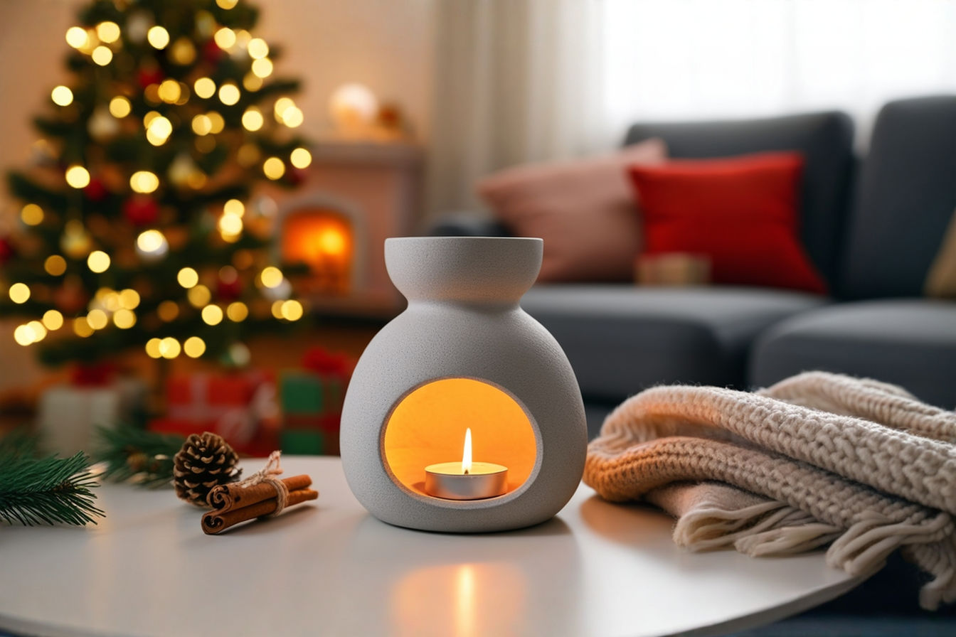 A professional, lifelike photograph of a beautifully styled Christmas living room. In the foreground, a modern yet cozy lamp-style candle warmer is subtly illuminating a festive holiday-scented candle jar with a warm, soft glow. The room features elegant Christmas decorations, including a tastefully decorated Christmas tree with soft white lights in the background, a cozy woolen throw draped over a sofa, and perhaps some subtle pinecones or cinnamon sticks on a nearby coffee table.