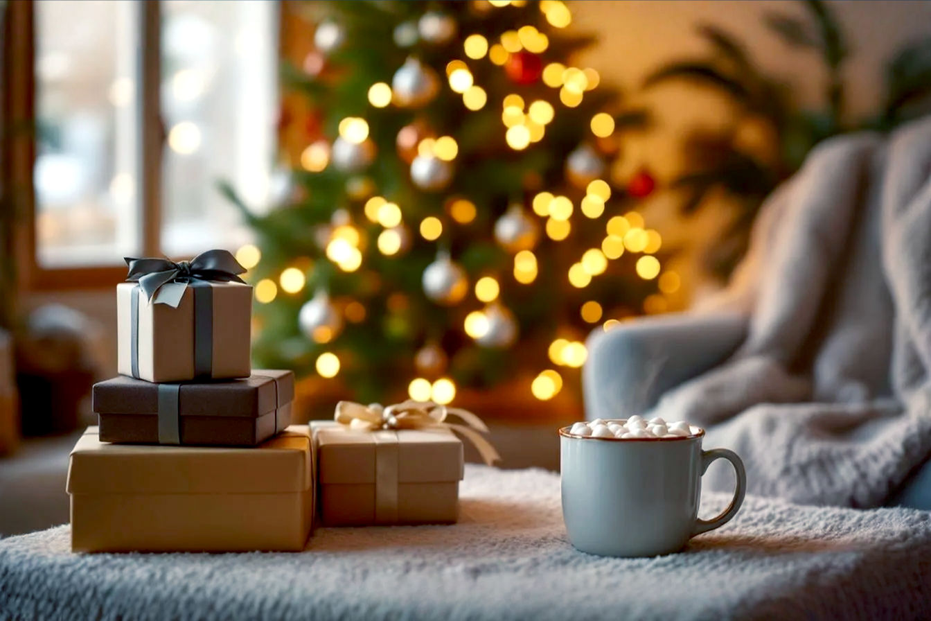 Lifelike professional photography of a cozy, warmly lit living room during the Christmas holiday season. The scene features a beautifully decorated Christmas tree with soft, glowing LED lights and classic ornaments as the central focus. In the foreground, there's a neatly organized stack of festive gift boxes with elegant ribbons and tags, alongside a mug of steaming hot chocolate with marshmallows. A soft, festive throw blanket is draped over a comfortable armchair. The lighting is warm and inviting, with a shallow depth of field to emphasize the foreground elements and the glowing tree. The mood is serene, joyful, and evokes a sense of holiday comfort and preparedness. Shot with a high-resolution full-frame camera and a prime lens to achieve sharp detail and natural bokeh.