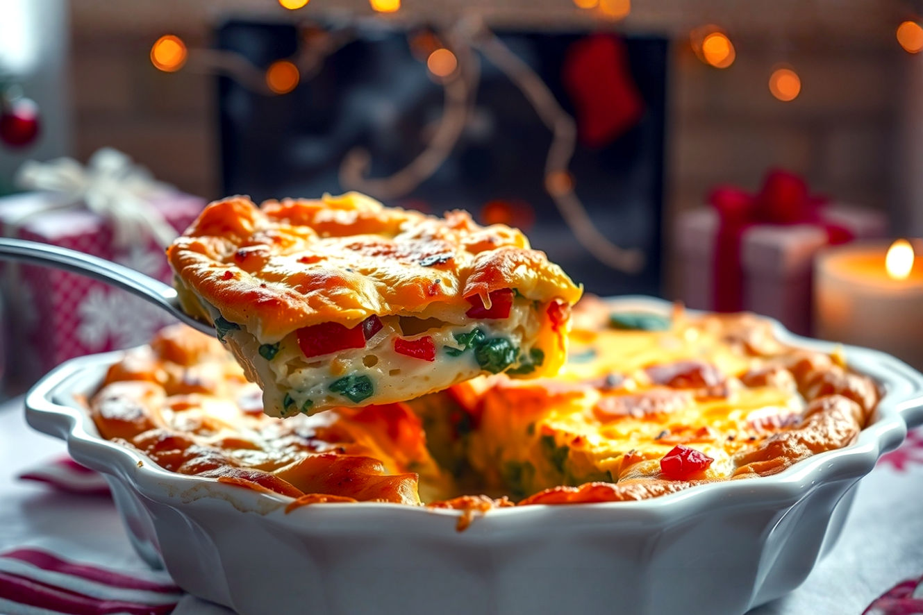 A beautifully baked, golden-brown Christmas egg casserole, freshly pulled from the oven.