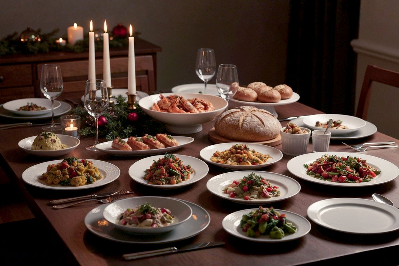 A lifelike, professional photograph of a beautifully set Christmas Eve dinner table. The scene should be warm and inviting, with soft, ambient lighting creating a cozy, festive mood. The table is laden with a diverse array of dishes, subtly hinting at various global traditions without being overtly specific to one (e.g., a mix of elegant seafood, a rustic bread, a vibrant vegetable dish). There should be subtle Christmas decorations like candles, greenery, or perhaps a hint of festive tableware. The composition should be a slightly elevated, wide-angle shot, focusing on the abundance of food and the inviting atmosphere. The image should evoke a sense of anticipation, family gathering, and culinary delight. No people are visible, allowing the focus to remain on the food and setting.