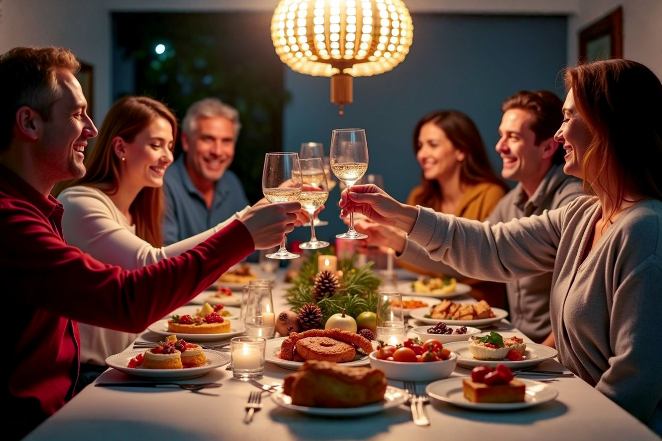 Lifelike pro photography of a diverse family gathered around a beautifully set dining table on Christmas Eve. The table is laden with a variety of international dishes, subtly hinting at different culinary traditions (e.g., a dish of fish, a small meat pie, a bowl of colorful fruit salad, a slice of panettone). Warm, inviting lighting from candles and soft overhead lights illuminates the scene. Family members of various ages, smiling and engaged in conversation, are raising glasses in a toast. The background is softly blurred, suggesting a cozy, festive home interior with subtle Christmas decorations. The mood is joyful, warm, and celebratory, capturing the essence of togetherness and global culinary heritage.
